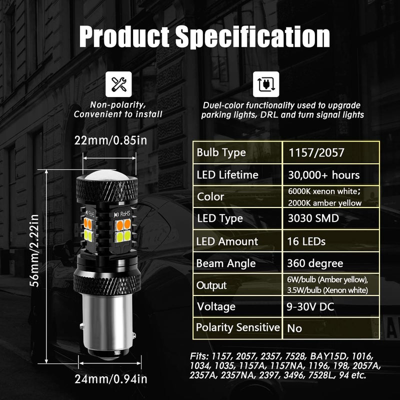 BRISHINE 1157 Switchback LED Bulbs Extremely Bright 3030 Chipsets Xenon White/Amber Yellow 2057 2357 7528 BAY15D LED Light Bulbs with Projector for Turn Signal Lights(Pack of 2) - Image 2